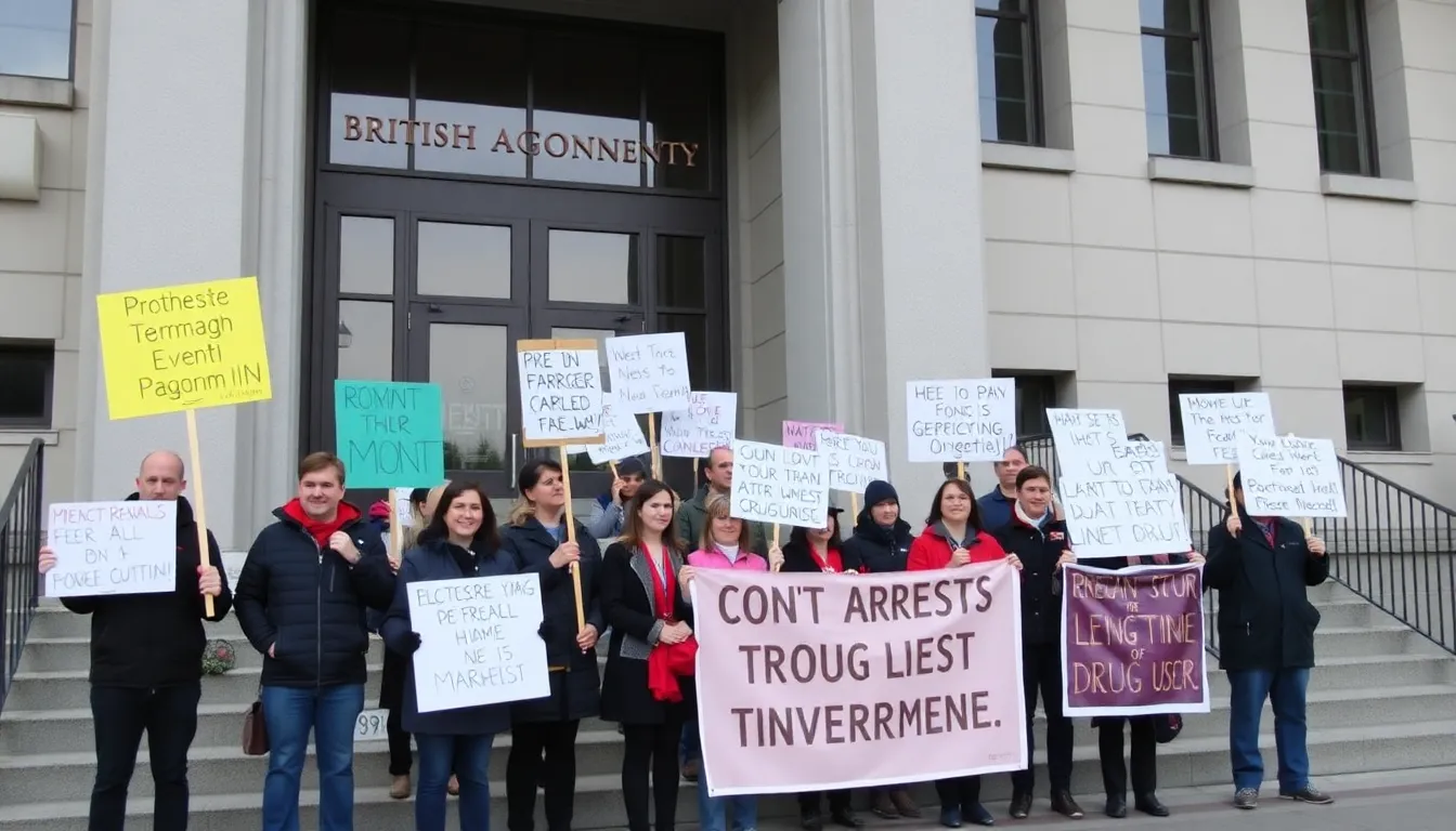 A group of advocates gathers outside a government building in British Columbia, holding signs and banners to protest the termination of a program designed to reduce arrests of drug users.