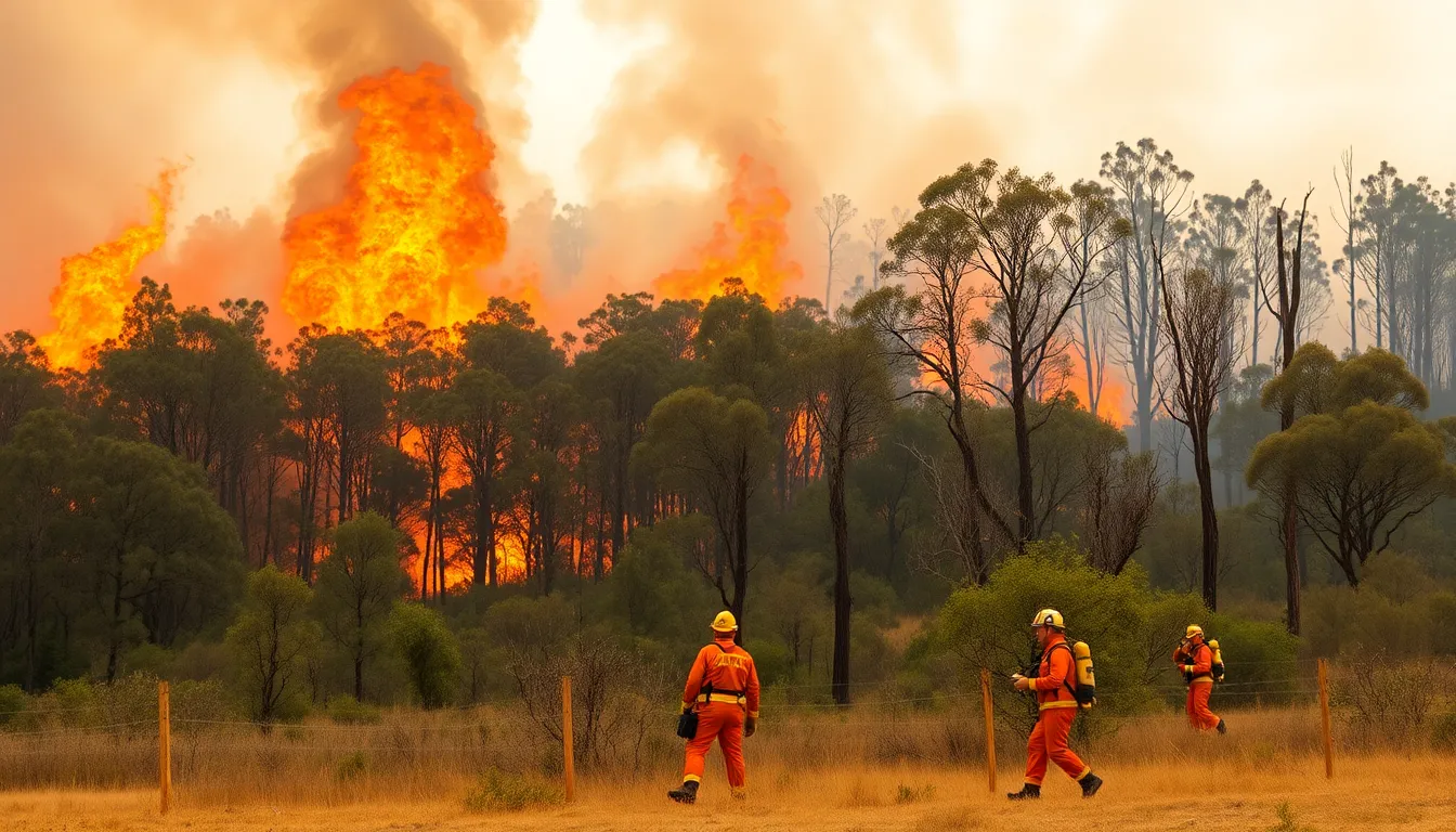 Flames engulf a forested area in southeastern Australia as firefighters work tirelessly to control the raging bushfires that have devastated communities and destroyed numerous buildings.