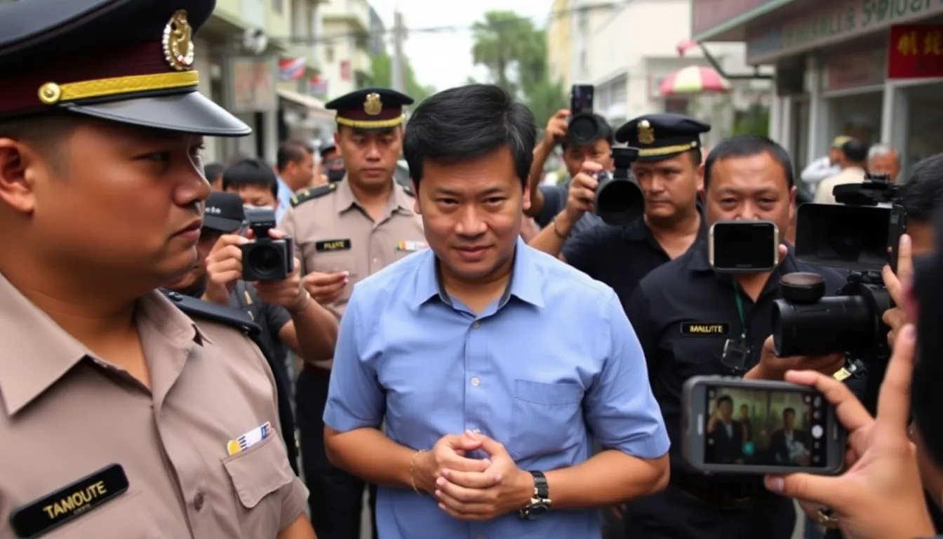 The alleged mastermind being escorted by police officers, highlighting the seriousness of the extradition process between Cambodia and China