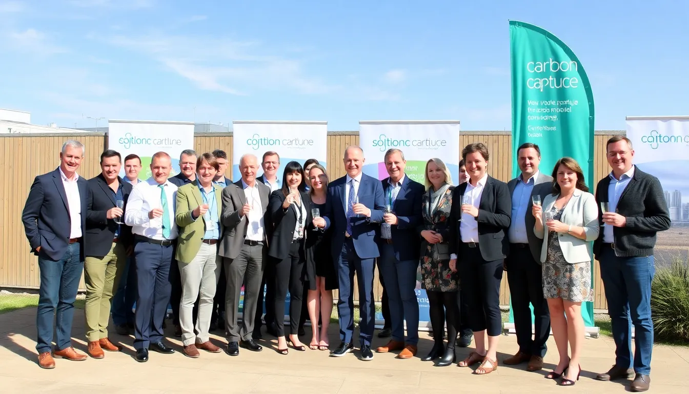 A group of investors and company representatives celebrate the announcement of nearly £1 million in funding for a carbon capture technology firm, emphasizing the importance of sustainable solutions in combating climate change.