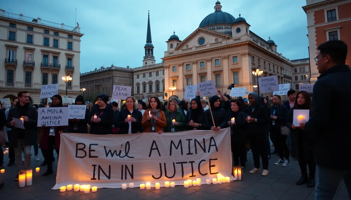 A group of activists gathers in a public square, holding banners and candles in memory of Amina, the young Chechen woman whose murder has sparked outrage and calls for justice.