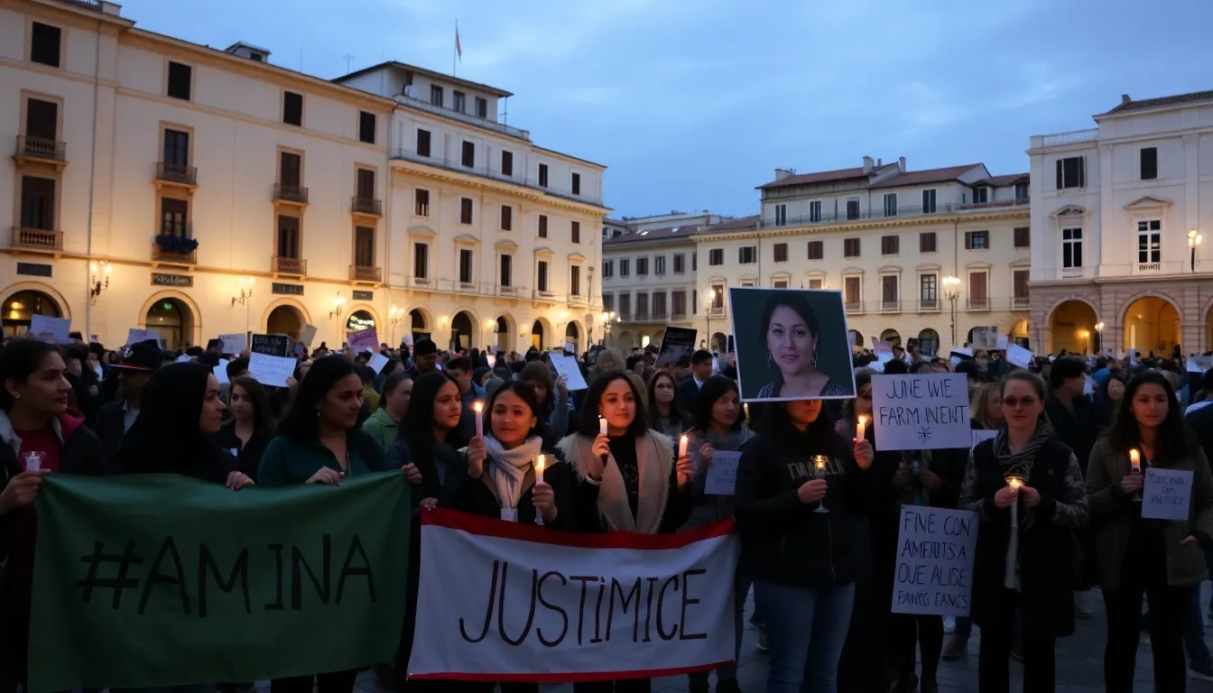 A group of activists gathers in solidarity, holding banners that demand justice for victims of human rights abuses in Chechnya