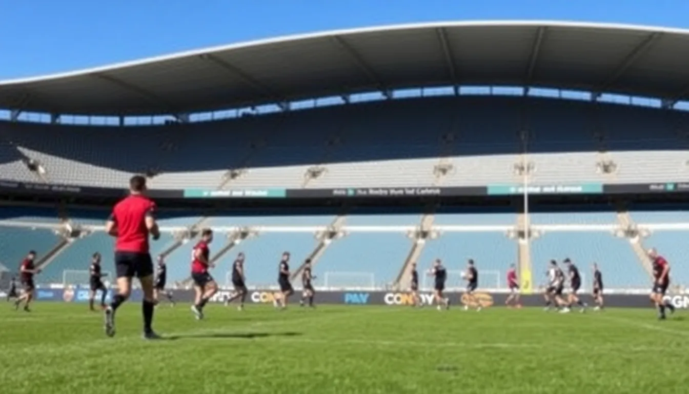 Players from the Cheetahs and Ulster warm up on the field of a newly constructed stadium in Bloemfontein before their closed doors rugby match.
