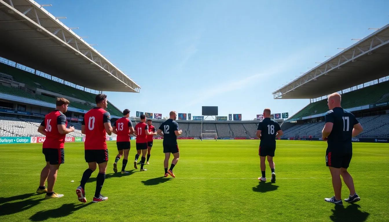 A broadcast team sets up equipment to ensure the match between the Cheetahs and Ulster can be streamed live for fans, emphasizing the shift towards virtual engagement in sports