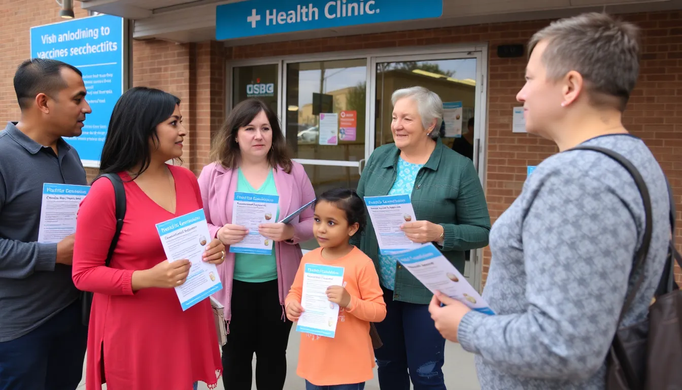 A group of parents gathers outside a health clinic, discussing the newly announced children's vaccine schedule while holding informational pamphlets.