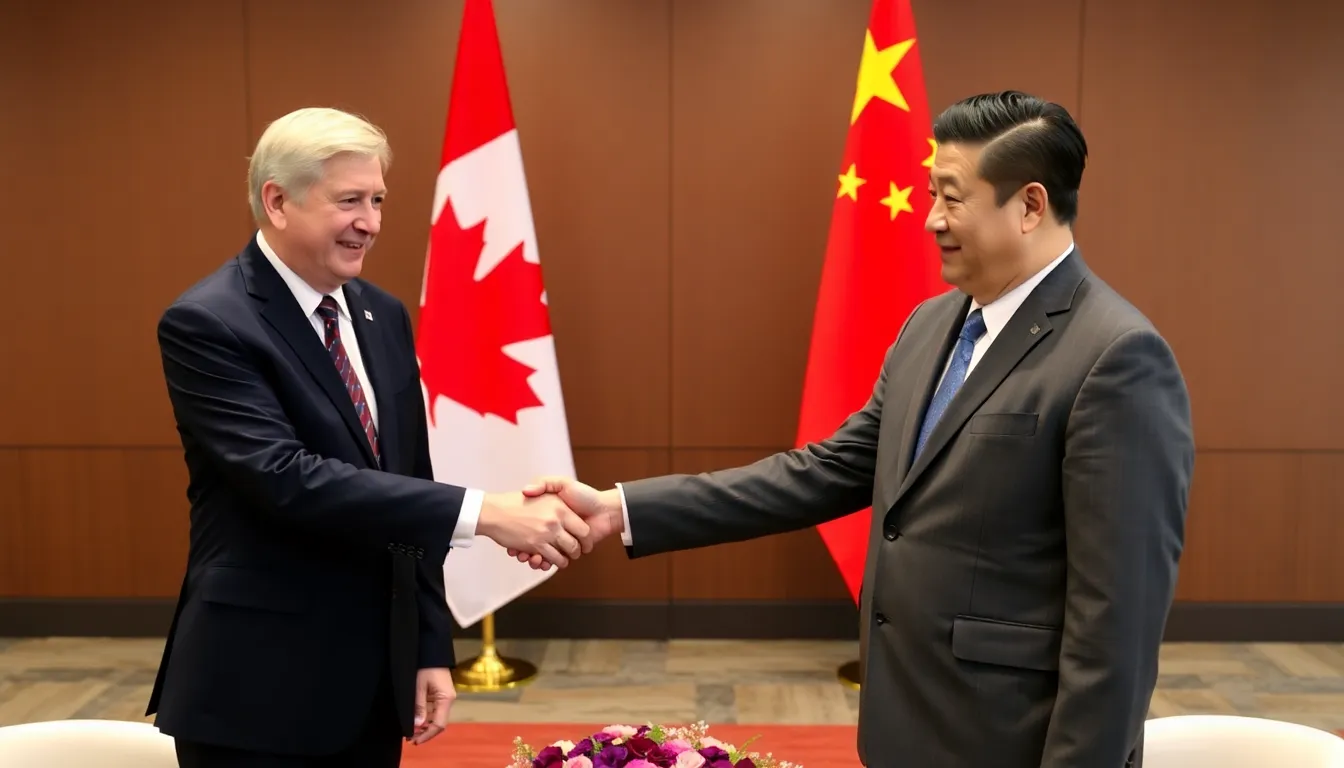 Canadian Finance Minister Mark Carney and Chinese President Xi Jinping shake hands during their meeting to discuss tariff relief on October 15, 2023.