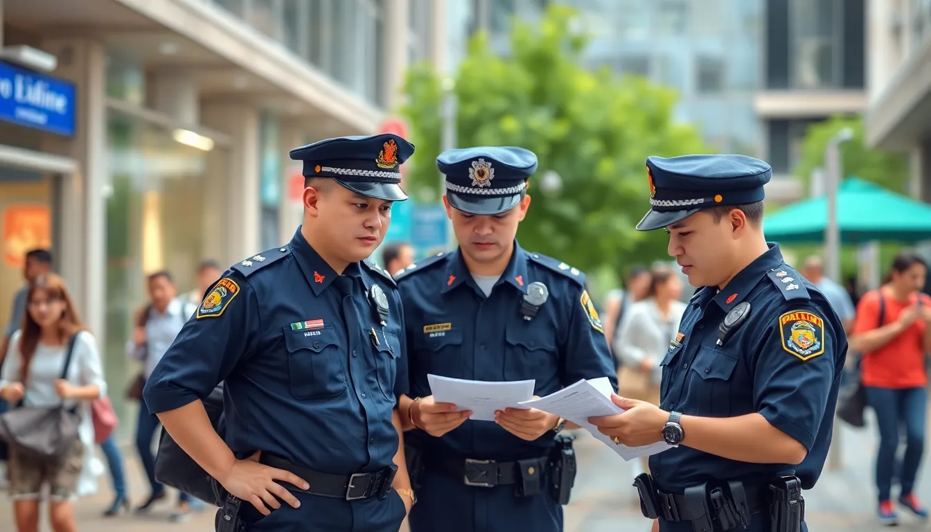 Chinese police officers are seen discussing their investigation in a busy Australian public space where a baby was recently harmed by hot coffee.