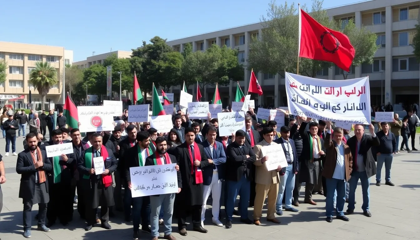 A group of Afghan citizens gathers in a public square, expressing their frustration and anger over the recent internet shutdown imposed by the Taliban, holding banners and shouting slogans for freedom of expression.