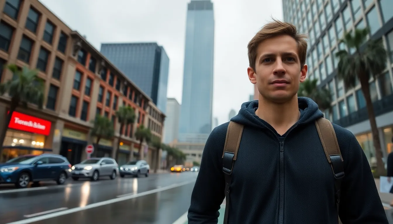 Renowned climber Alex Honnold stands in front of a towering skyscraper in downtown Los Angeles, surrounded by rainsoaked streets and gray skies as he announces the postponement of his ropefree ascent due to adverse weather conditions.