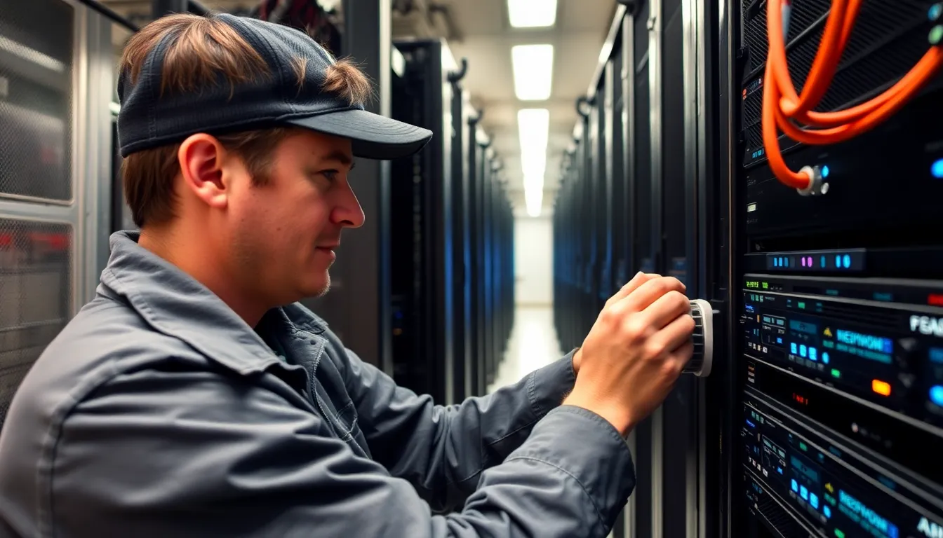 A technician adjusts equipment inside a data centre as cold weather drives up energy demands and greenhouse gas emissions.