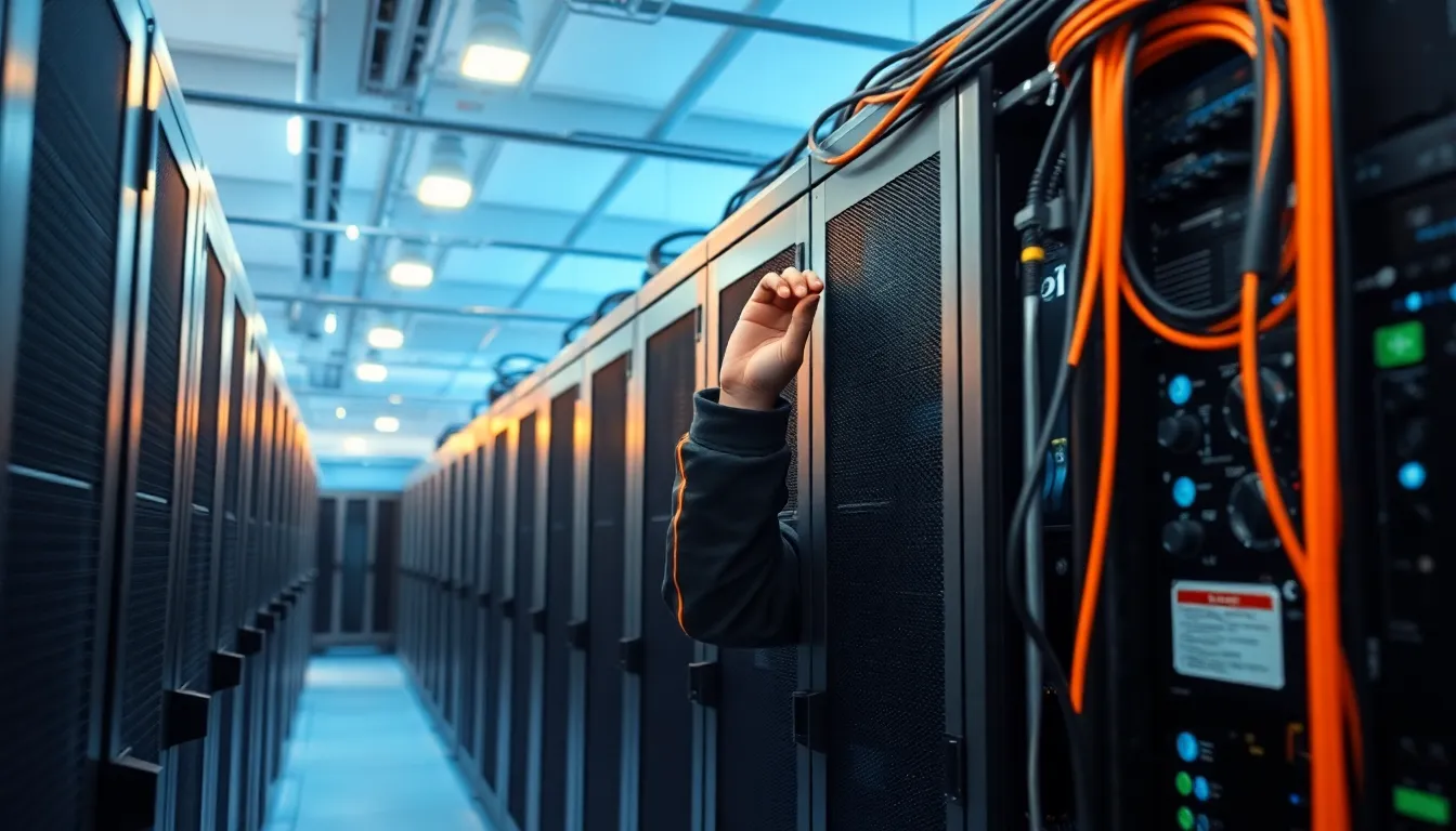 A technician adjusts equipment inside a data centre, surrounded by rows of servers, as cold weather drives up energy consumption and greenhouse gas emissions.