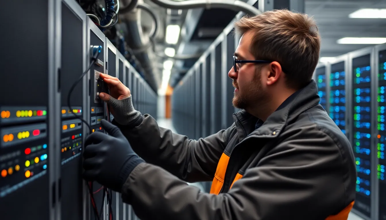 A team of engineers discussing renewable energy solutions amidst computer screens displaying data center operations