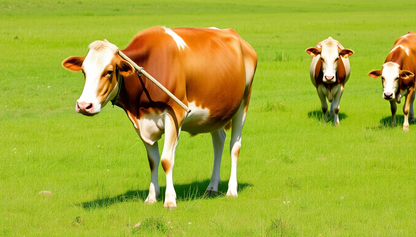 A cow stands in a grassy field, skillfully using a stick to scratch its side while other cows observe nearby.