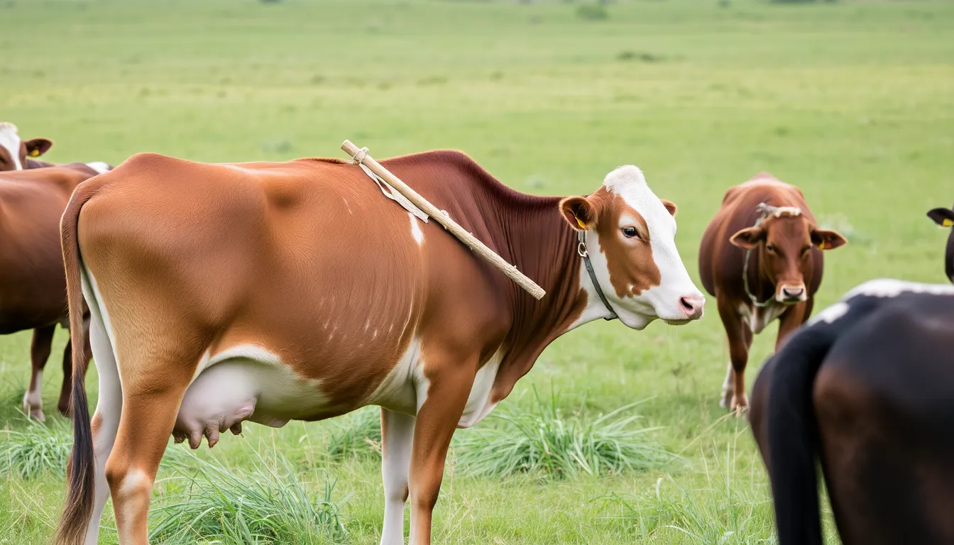 Researchers observing the cow's tooluse behavior with curiosity, highlighting the groundbreaking nature of this discovery in animal intelligence studies