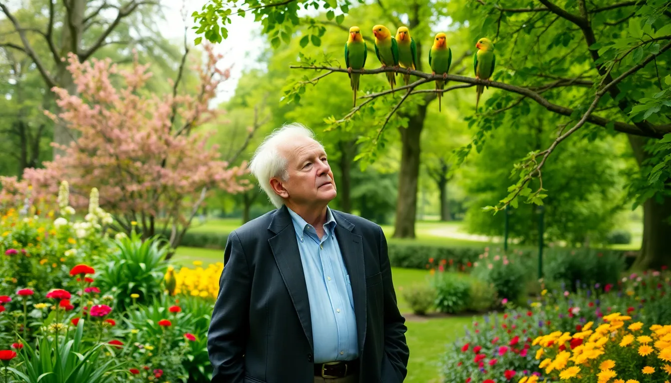 Sir David Attenborough stands in a lush green park in London, surrounded by vibrant flowers and trees, while observing a group of parakeets perched on branches above him.