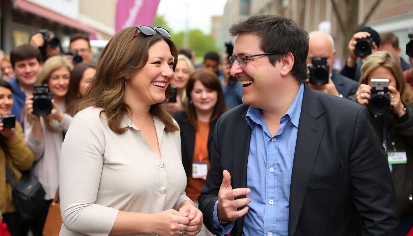 Dawn French and Mark Heap share a laugh during a promotional event for their new sitcom, surrounded by eager fans and media.