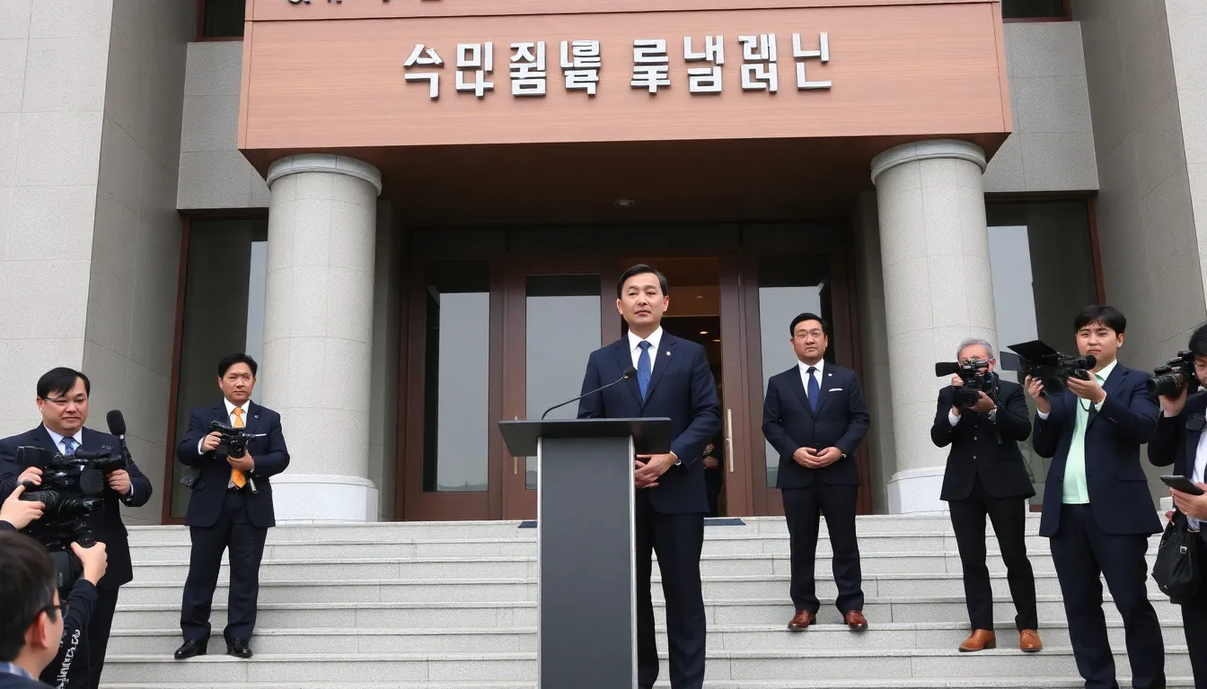 Prosecutors stand outside a courthouse in South Korea, announcing their decision to seek the death penalty for former President Yoon amid ongoing corruption investigations.