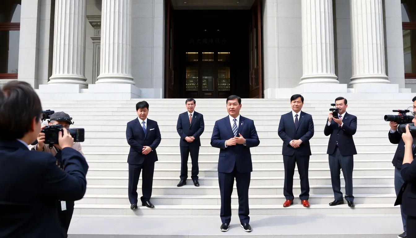 A tense moment in a courtroom as legal representatives present their arguments regarding the allegations against Yoon