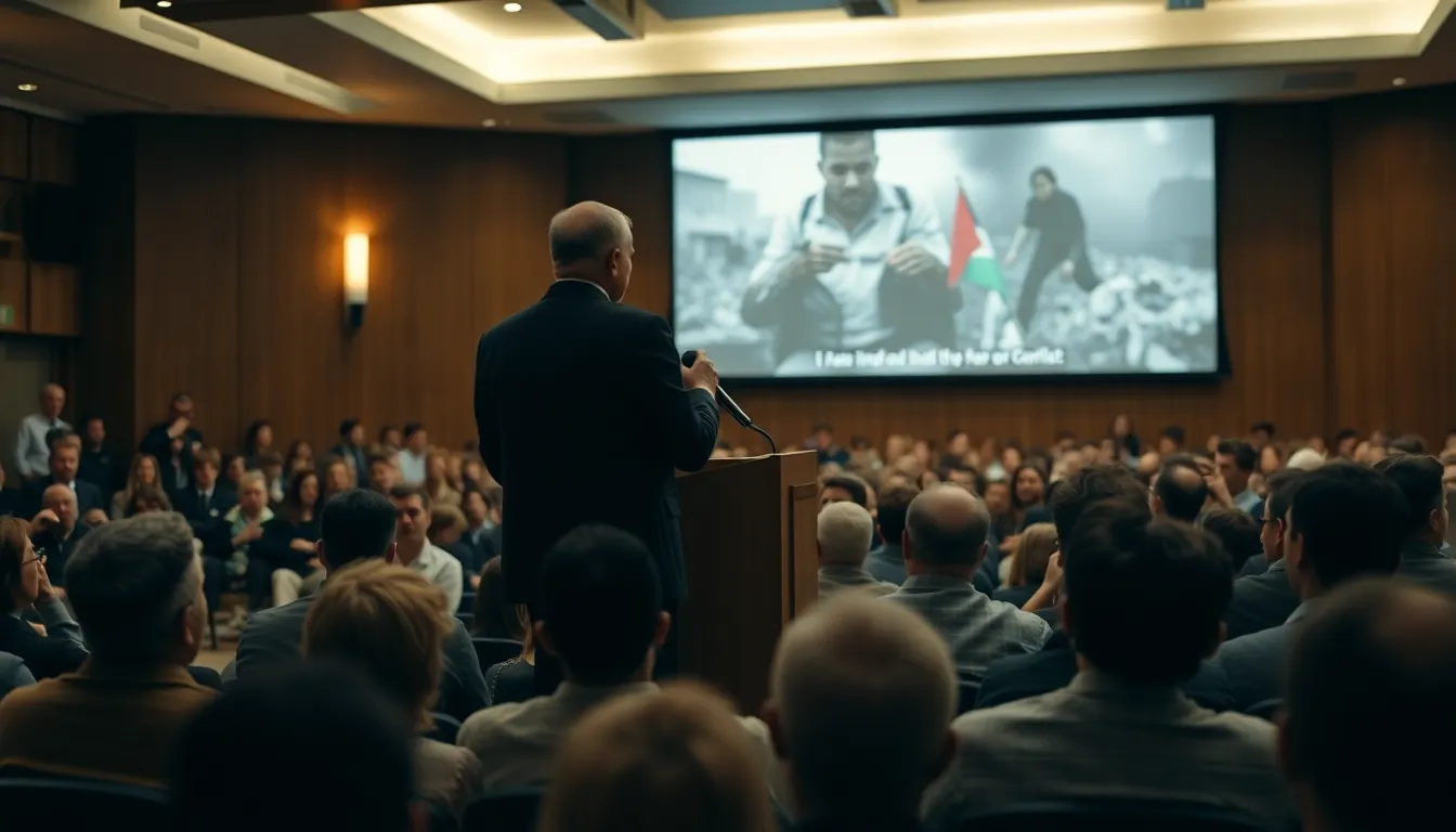 A director speaks passionately to an audience about a film that portrays the struggles and resilience of a Palestinian girl amidst the ongoing conflict in Gaza.