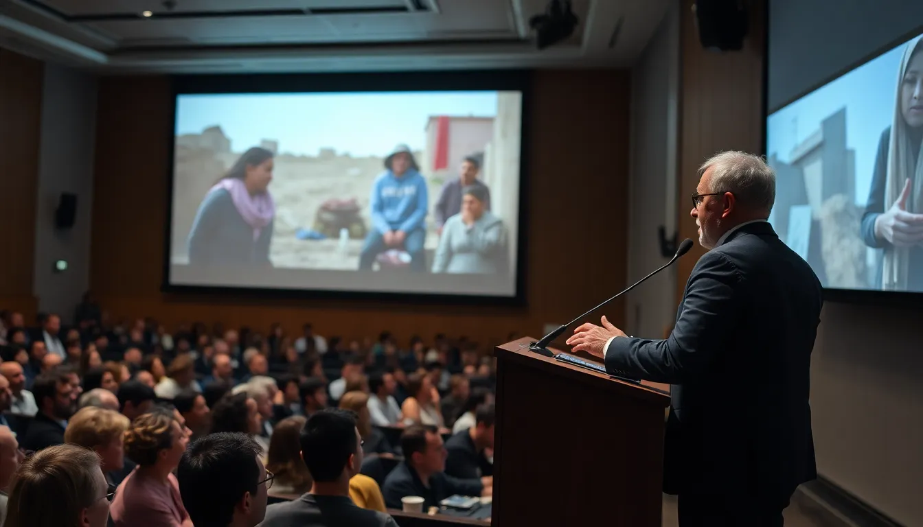 The director passionately discussing the importance of storytelling in highlighting the struggles of Palestinian youth