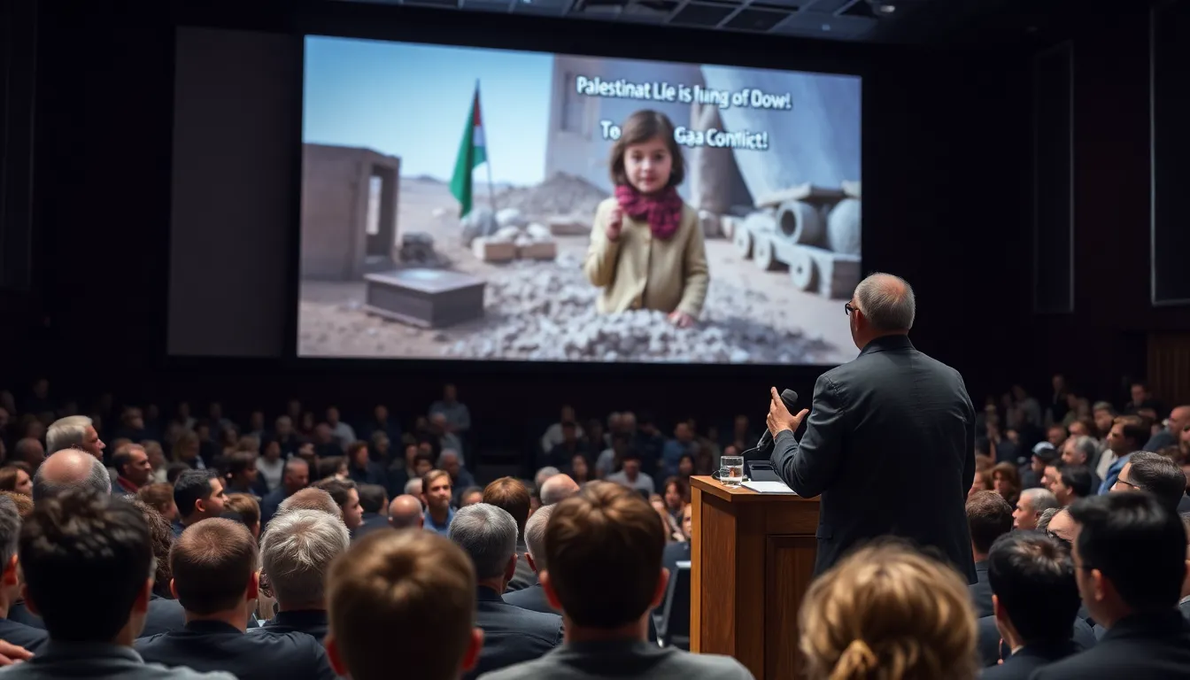 A diverse audience engaged in a discussion about the film's impact on understanding the IsraeliPalestinian conflict