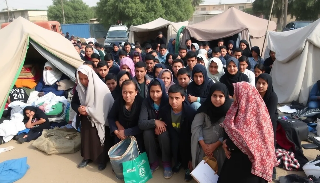 Displaced Palestinians gather in a crowded area near the Rafah border crossing in Egypt, anxiously awaiting news about the reopening of the border to access essential resources and reunite with family.