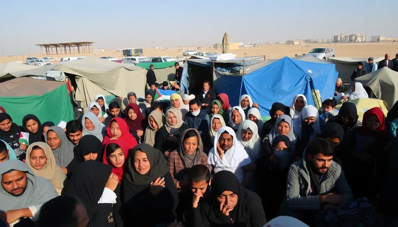 Children among the displaced population in Egypt play in a crowded area, reflecting the challenging living conditions they face amid ongoing uncertainty