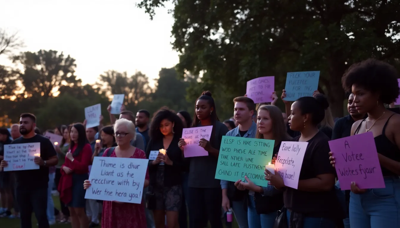 A group of people gathers in a park, holding signs and candles during a vigil to honor victims of recent social injustices, as they share stories and support one another in a moment of collective reflection.