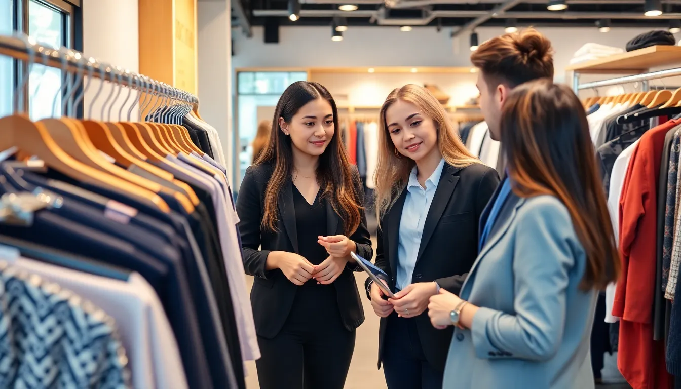A group of young professionals browses through a rack of affordable business attire at a trendy clothing store, discussing their options for creating stylish work outfits on a budget.