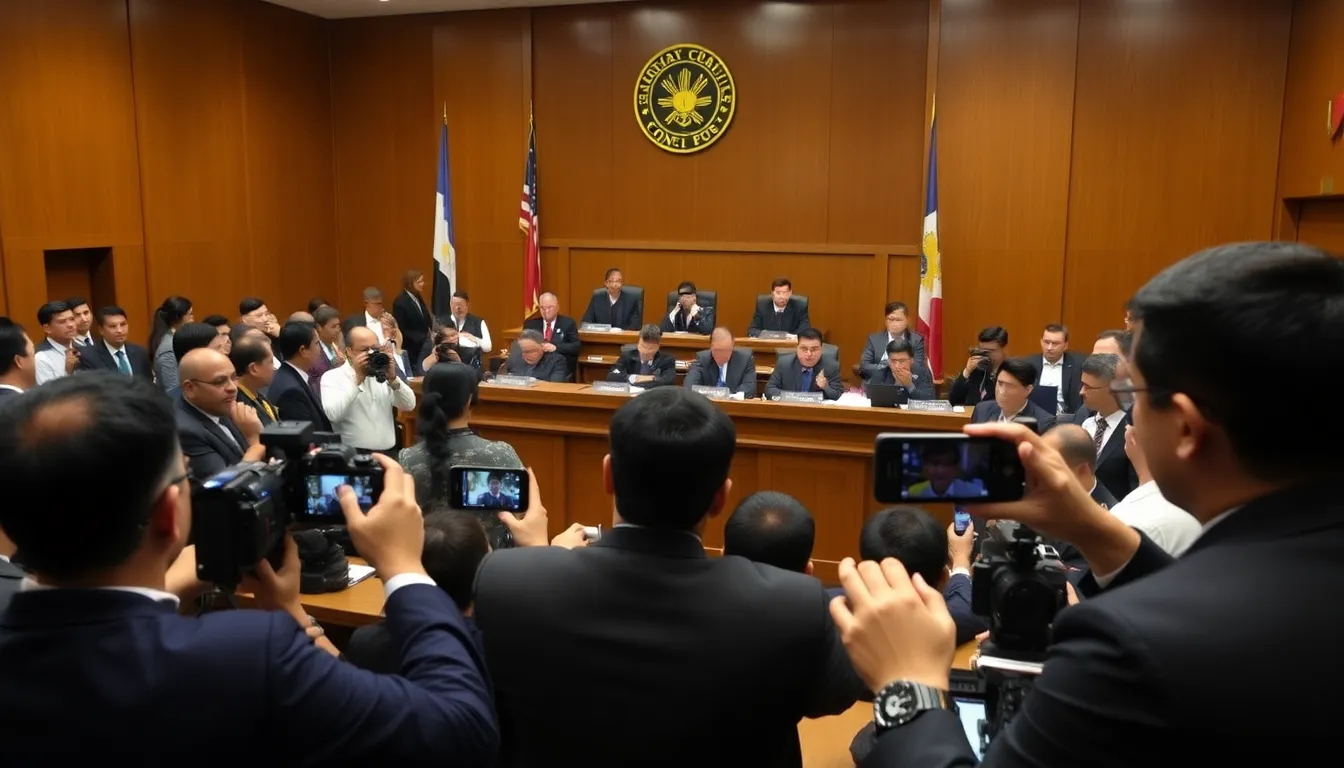 Judges in the Philippines deliver a ruling regarding former President Rodrigo Duterte's fitness to face proceedings at the International Criminal Court, with a backdrop of legal officials and media present in the courtroom.