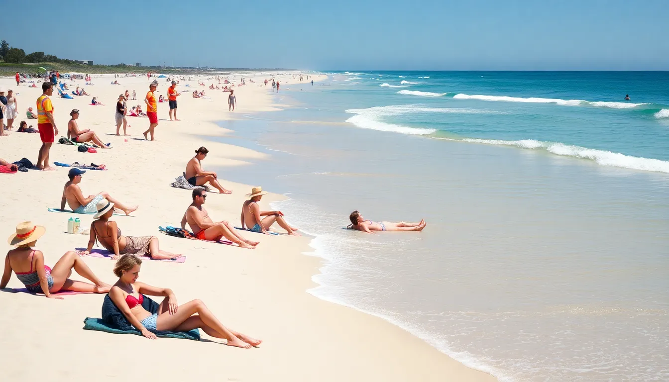 Beachgoers gather on a sunny day at a popular eastern Australian beach, while lifeguards monitor the water closely amid rising concerns over recent shark attacks.