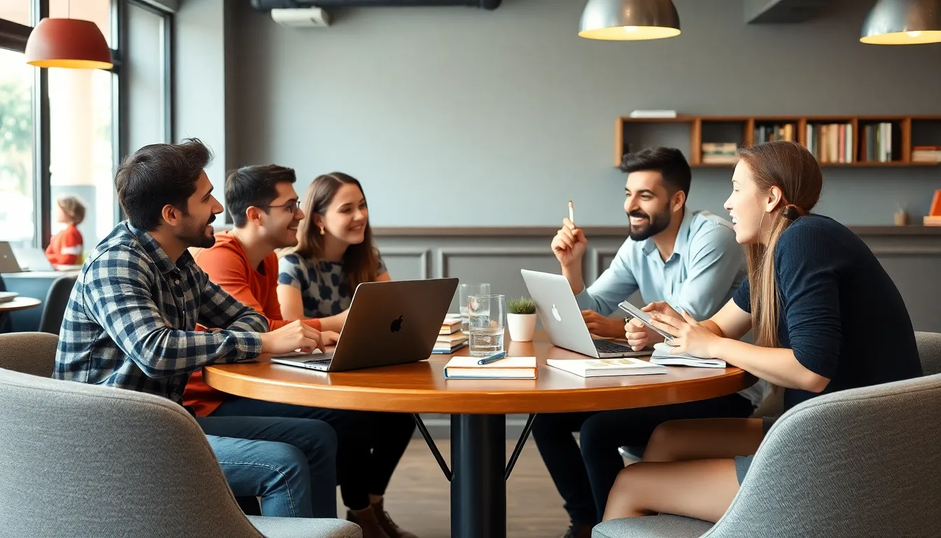 A group of young adults engages in a lively debate at a café, passionately discussing the merits of practical skills versus traditional degrees while surrounded by books and laptops.