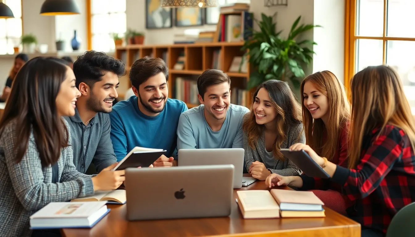 Professionals discussing innovative ideas at a networking event, reflecting the influence of social media on knowledge sharing and continuous learning