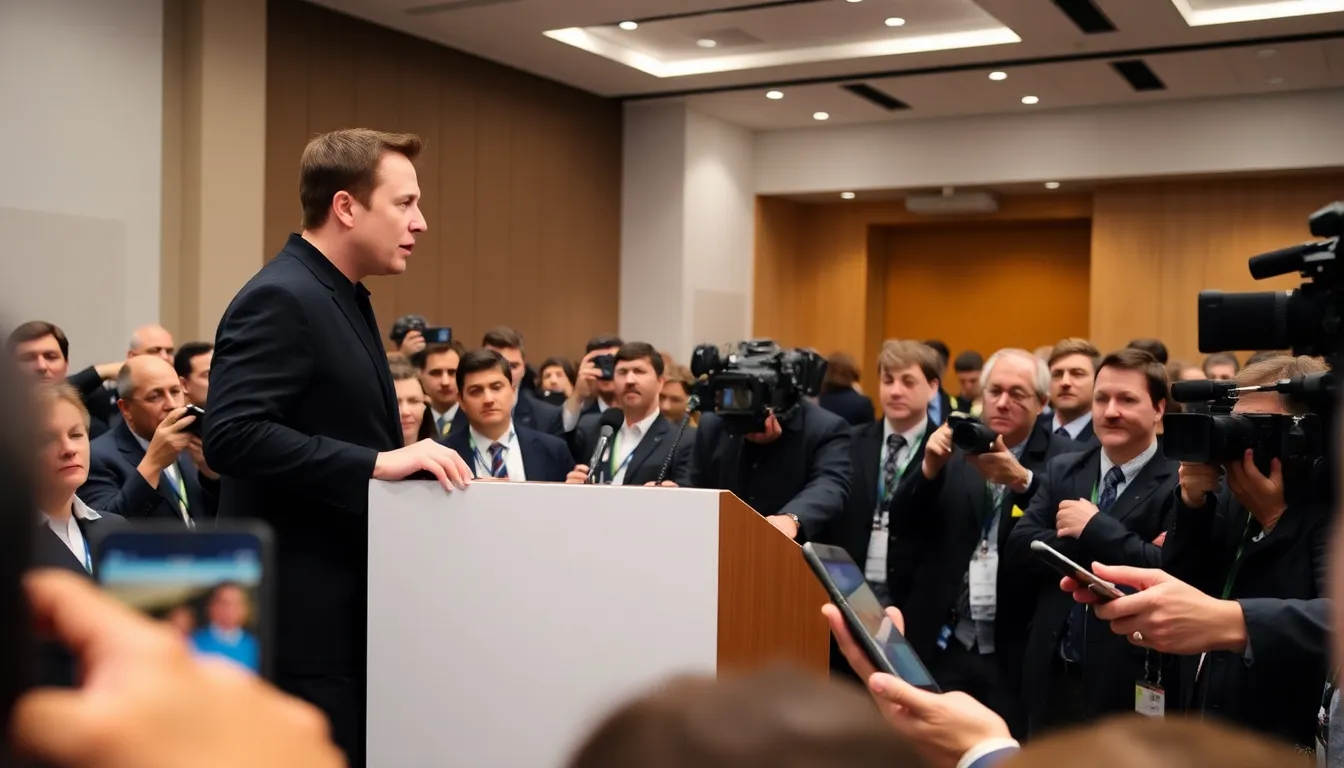 Elon Musk speaks at a press conference, surrounded by reporters, addressing the recent controversies surrounding his companies and their impact on his public image.