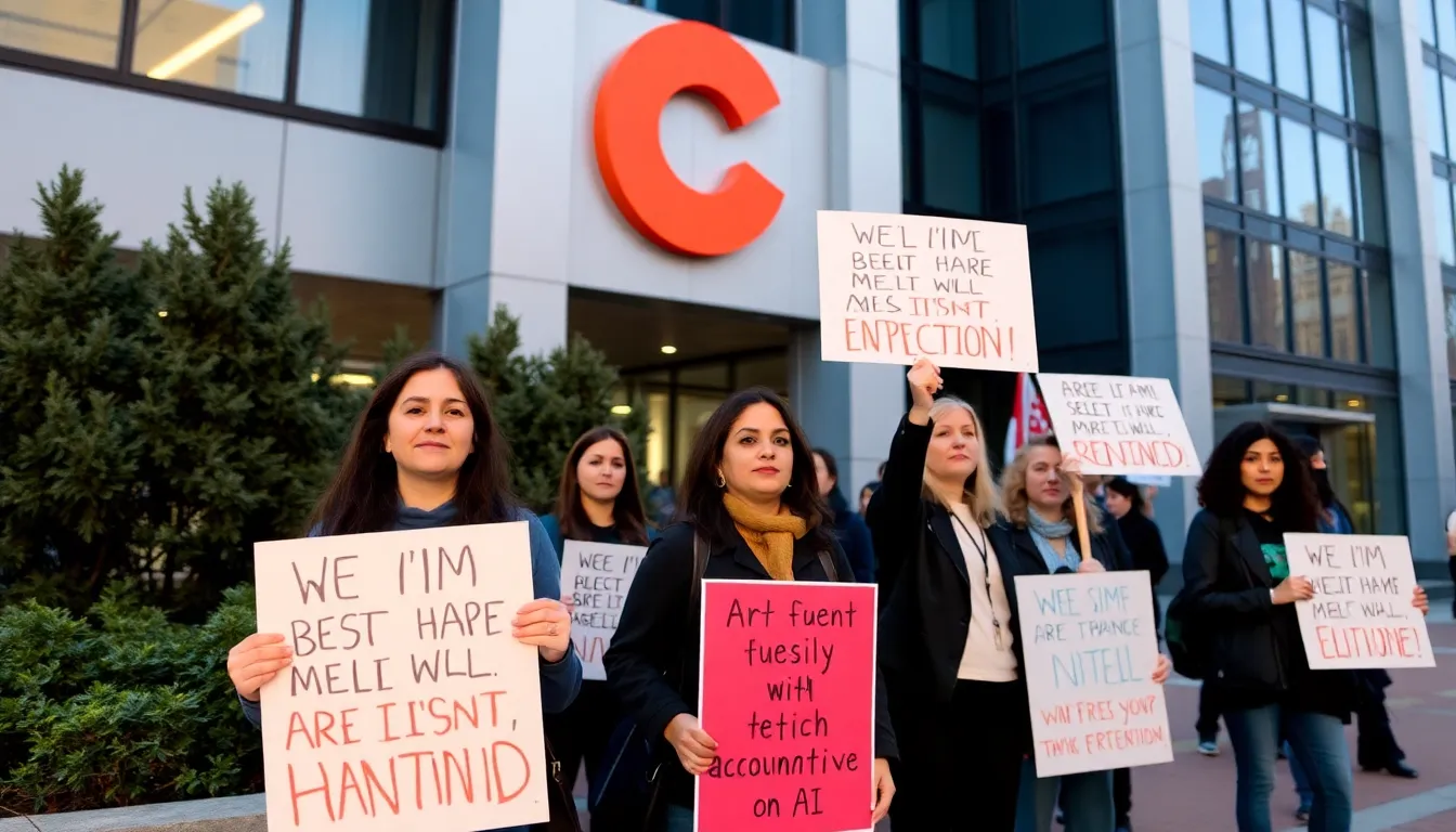 A group of concerned individuals gathers outside a tech company headquarters, holding signs demanding accountability for the ethical implications of AI technologies.