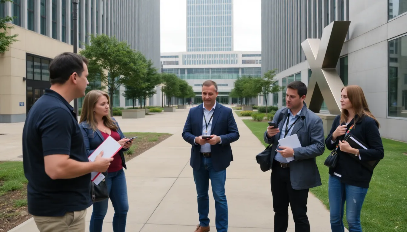 A group of reporters gathers outside the headquarters of X, discussing the recent announcement of new restrictions on explicit image creation with Grok.