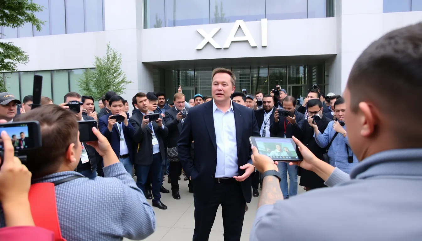 A crowd of reporters gathers outside xAI's headquarters as Elon Musk announces the company's successful  billion funding round amid ongoing debates about the ethical implications of its new AI product, Grok.