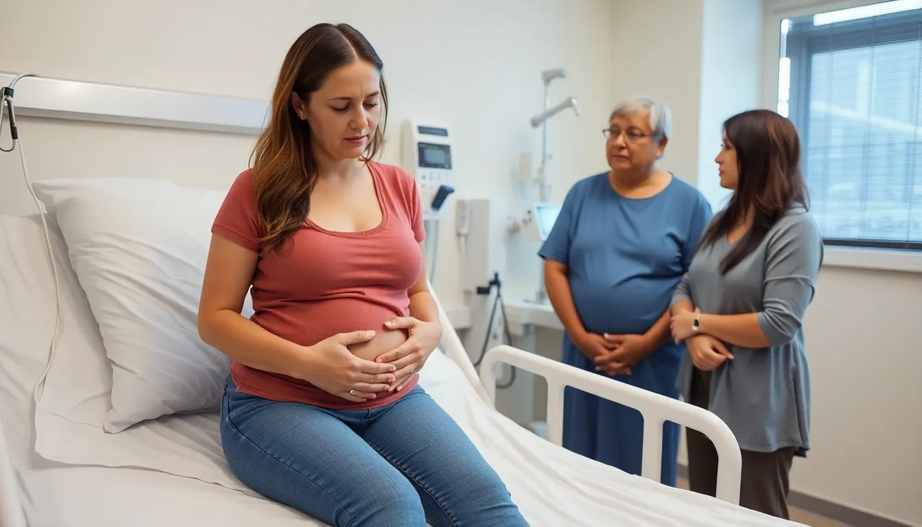 A woman sits on a hospital bed, holding her abdomen in discomfort while waiting for her endometriosis surgery, surrounded by medical equipment and a concerned family member.