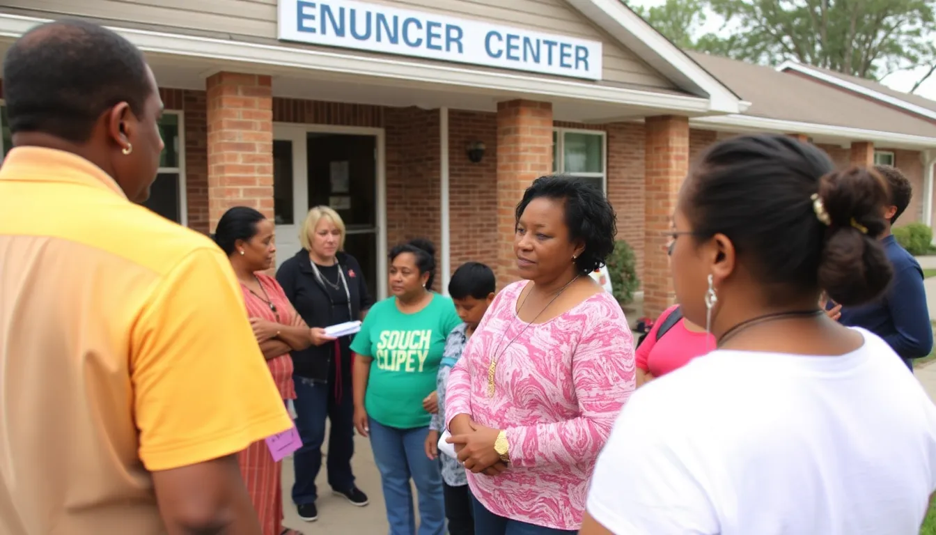 A group of families gathers outside a community center, discussing the recent announcement of an energy bill discount extension that will provide financial relief for households struggling with rising energy costs.