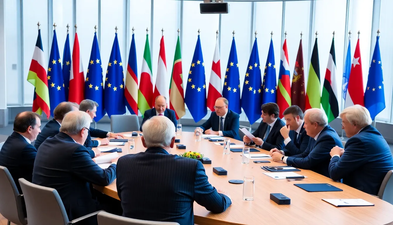 European leaders engage in a tense discussion during a summit, reflecting on the potential implications of Donald Trump's return to power on trade and international alliances.