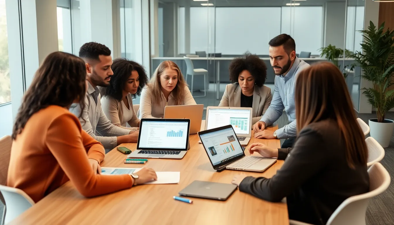 A group of professionals collaborates around a conference table, analyzing data on laptops while discussing strategies for utilizing Excel in their projects.