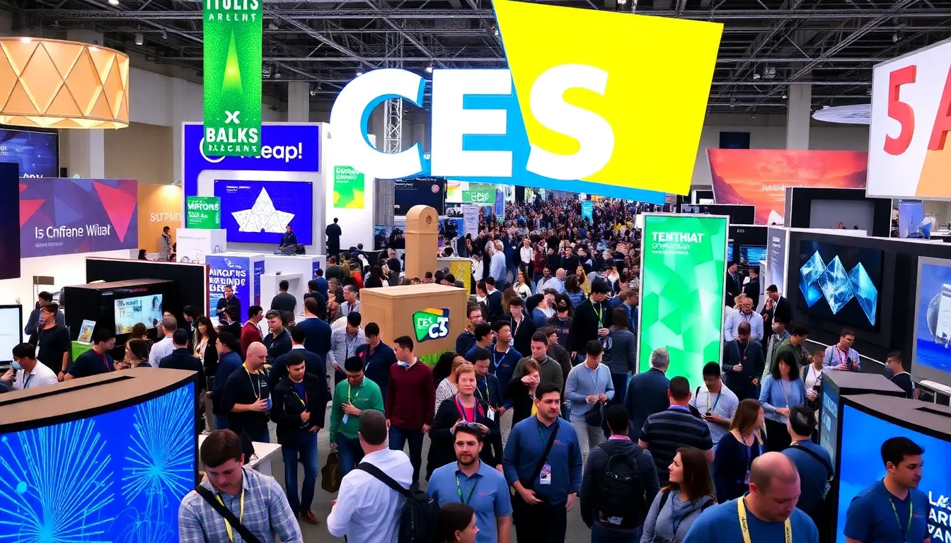 An expansive view of the CES exhibition floor bustling with industry professionals and innovators unveiling groundbreaking technologies from major companies and startups alike