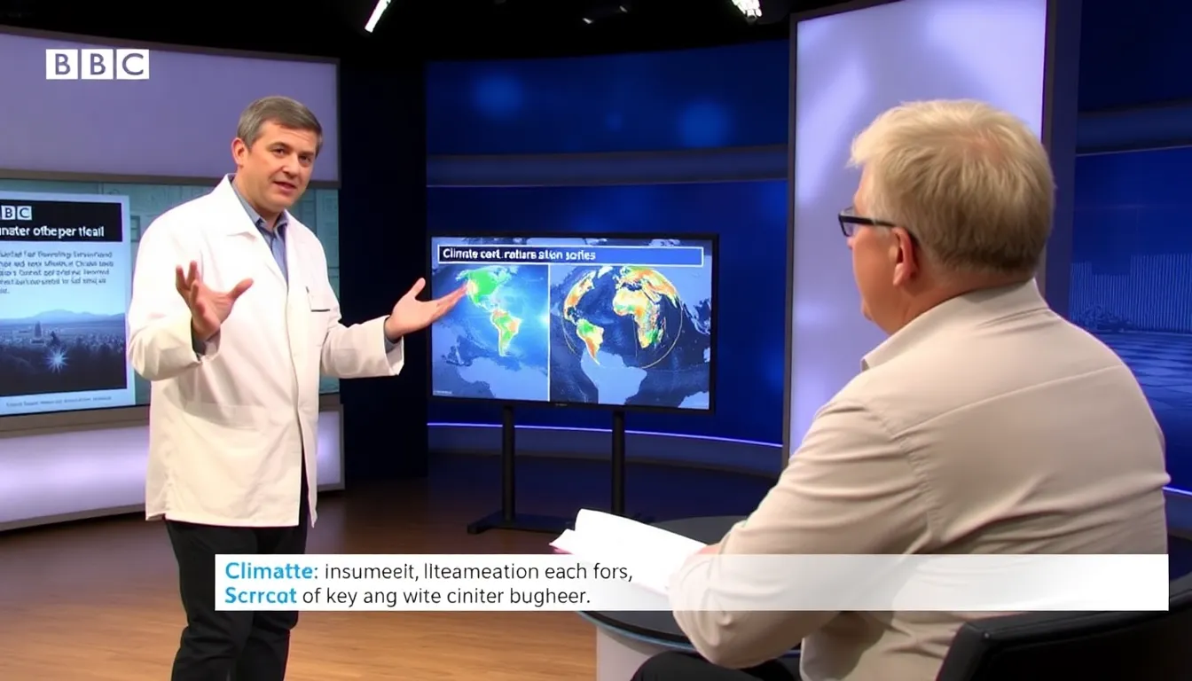 A scientist discusses the latest findings on climate change during a live broadcast of BBC Inside Science, with visual aids illustrating key data behind them.