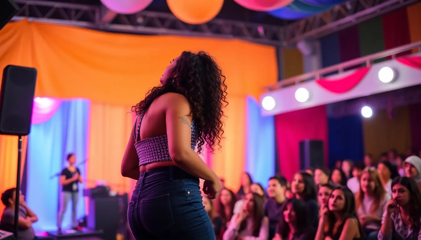 Sombr performs on stage in a vibrant venue, captivating the audience with her emotive singing and dynamic presence during her promotional tour.