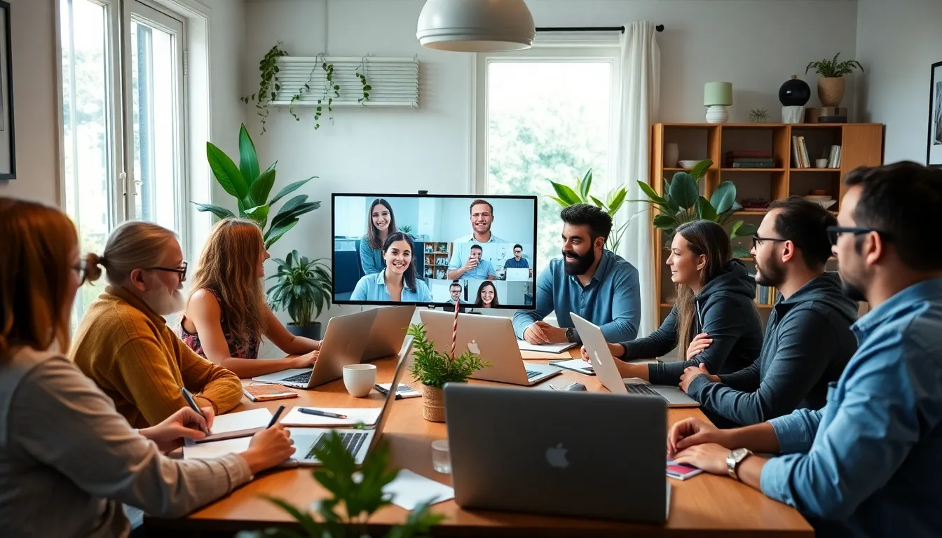 A group of remote workers collaborates via video conference, showcasing the modern tech life experience in a bright home office setting.