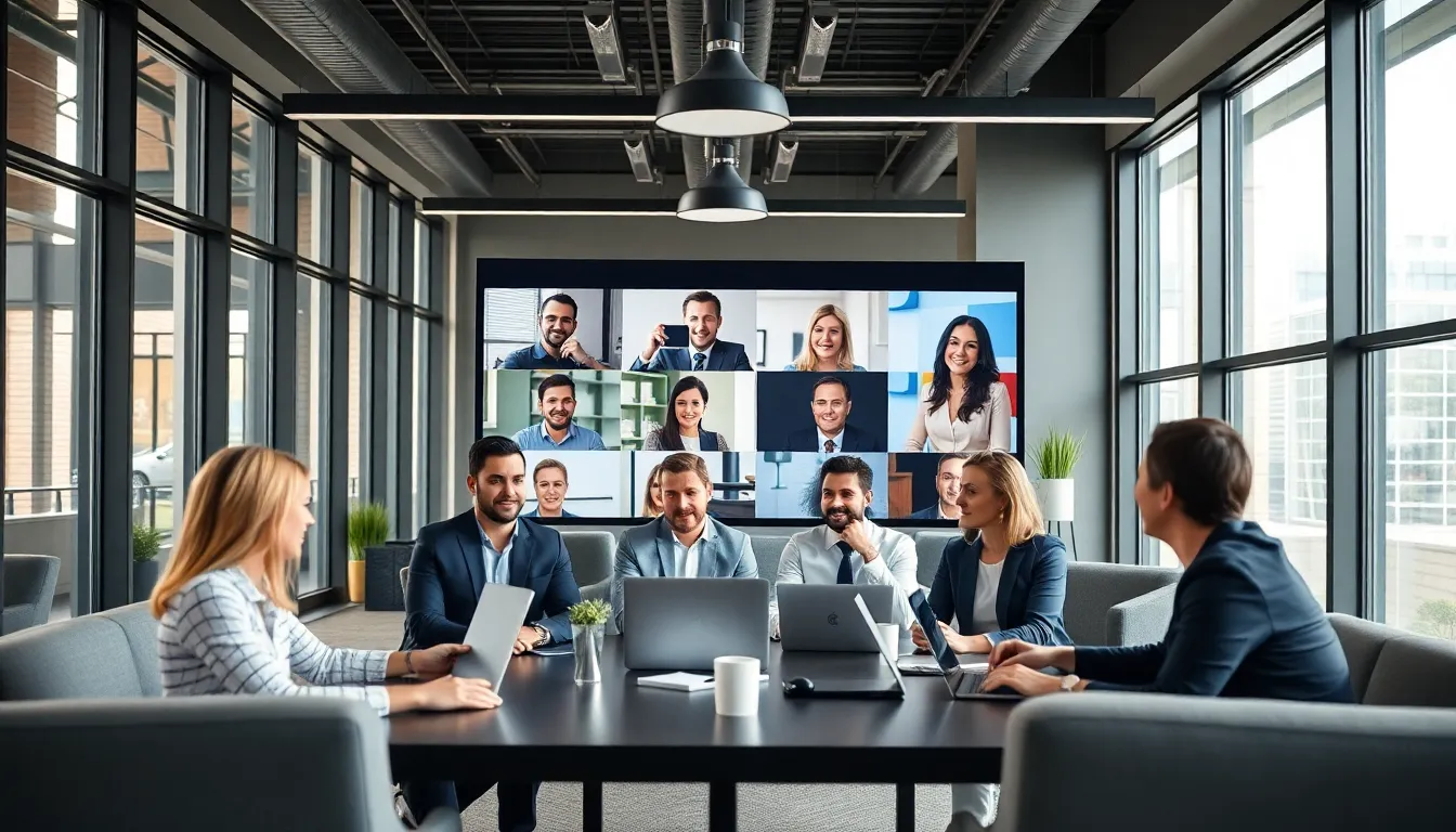 A group of professionals participates in a virtual meeting using laptops and video conferencing software in a modern office space.