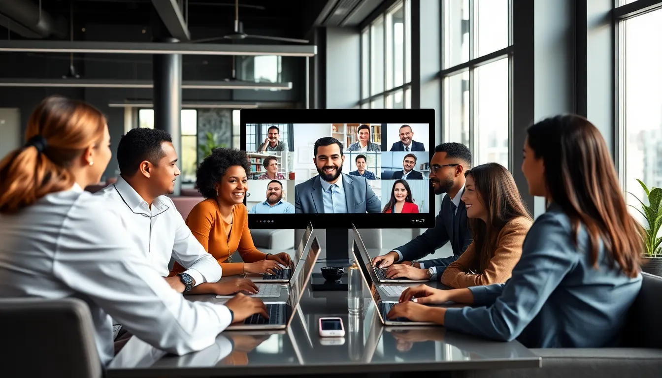 A tech company's sustainability initiative, featuring employees collaborating on ecofriendly practices to achieve carbon neutrality and reduce environmental impact