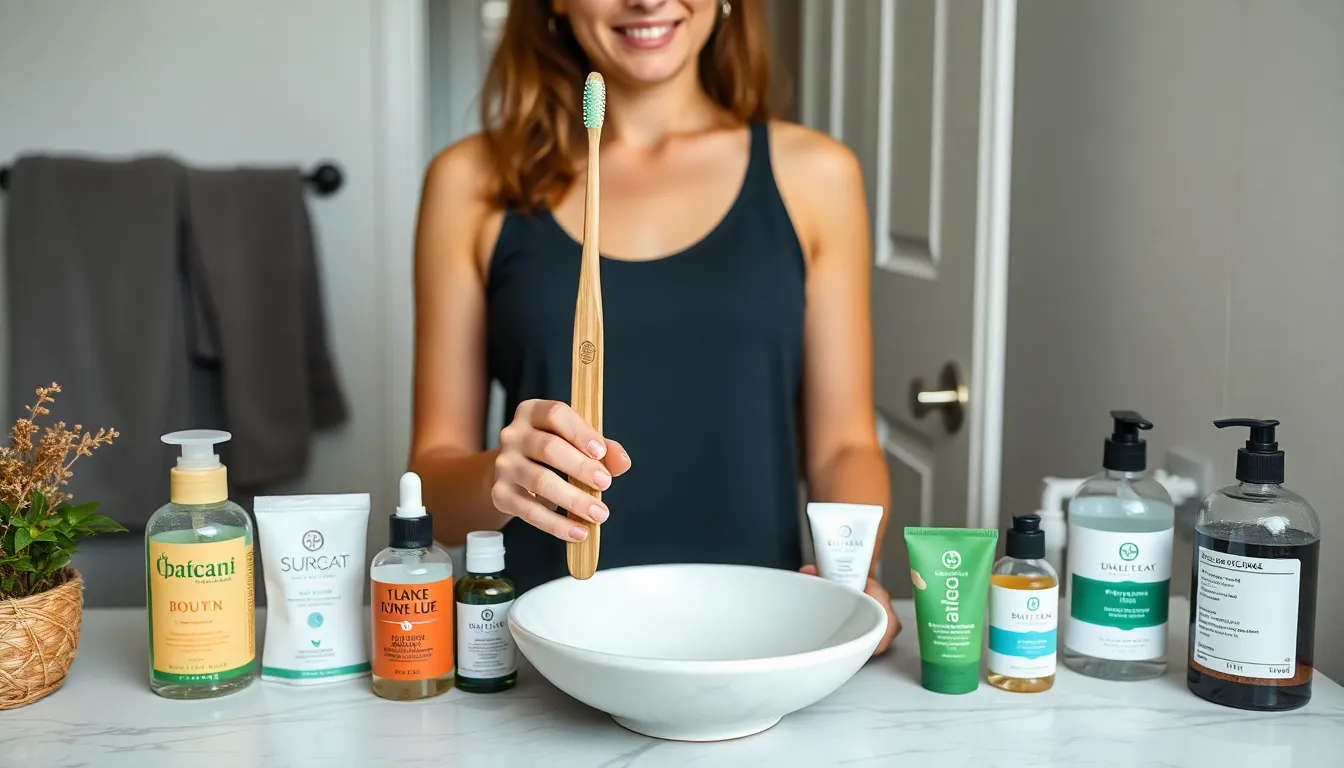 A person holds a bamboo toothbrush while standing in a bathroom, surrounded by ecofriendly personal care products.