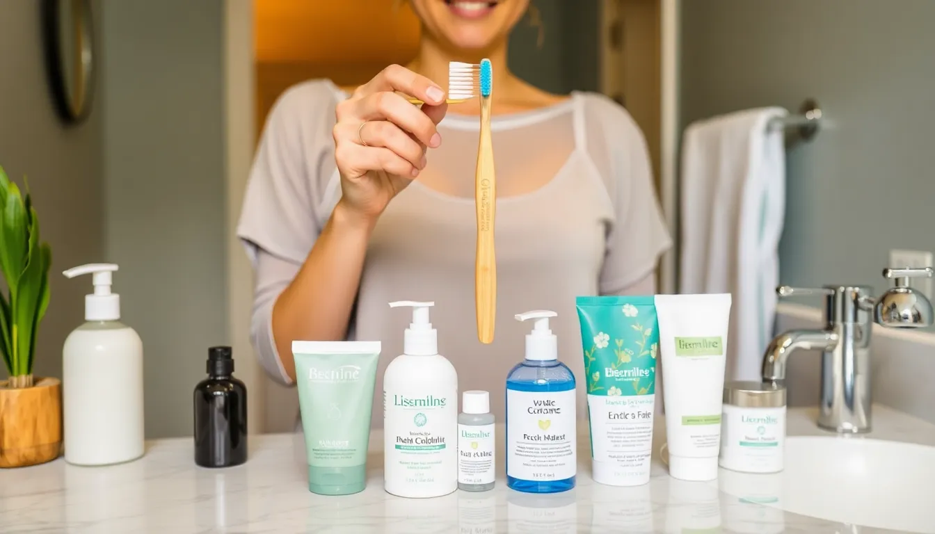 An array of colorful biodegradable toothbrushes displayed on a counter, showcasing the variety of sustainable options available to consumers