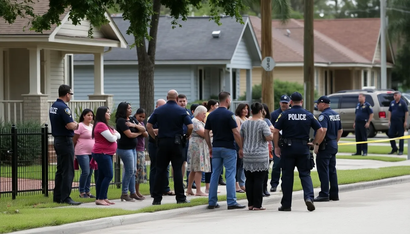 A group of anxious residents stands outside their homes, watching as law enforcement officials secure the area following a shooting involving ICE agents in a Houston neighborhood.